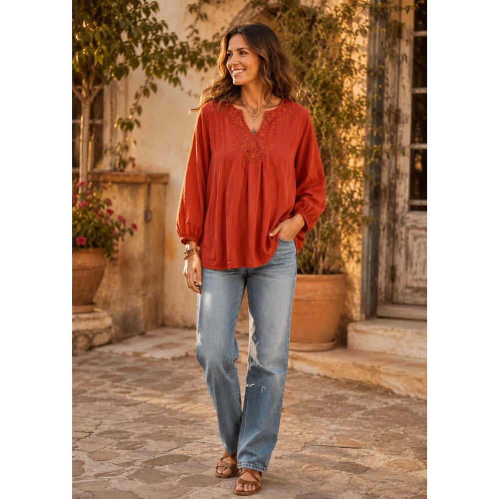 Lands End Embroidered Cotton Boho Peasant Top Cottage Resort Folk Medium